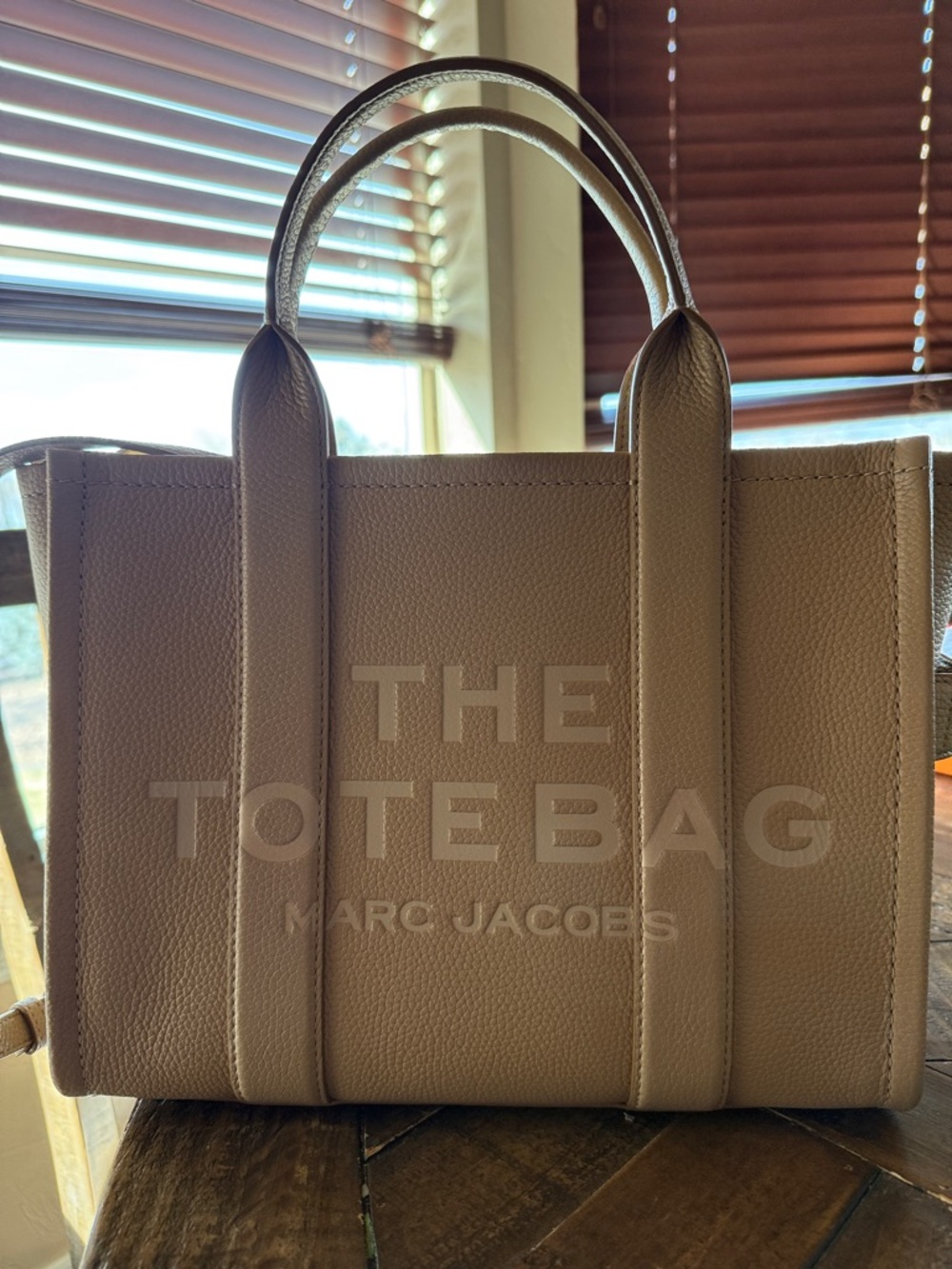 Marc Jacobs taupe pebbled leather tote with embossed logo